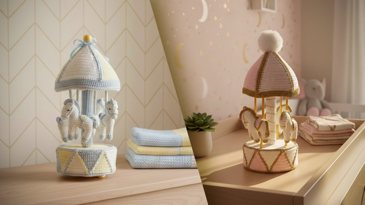 Carrossel em Amigurumi detalhado com cavalos coloridos e estrutura musical.