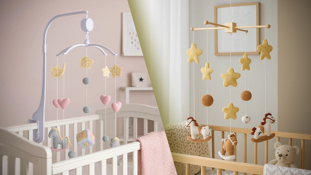 Móbile de Berço em Amigurumi feito à mão com vários bonecos de animais.